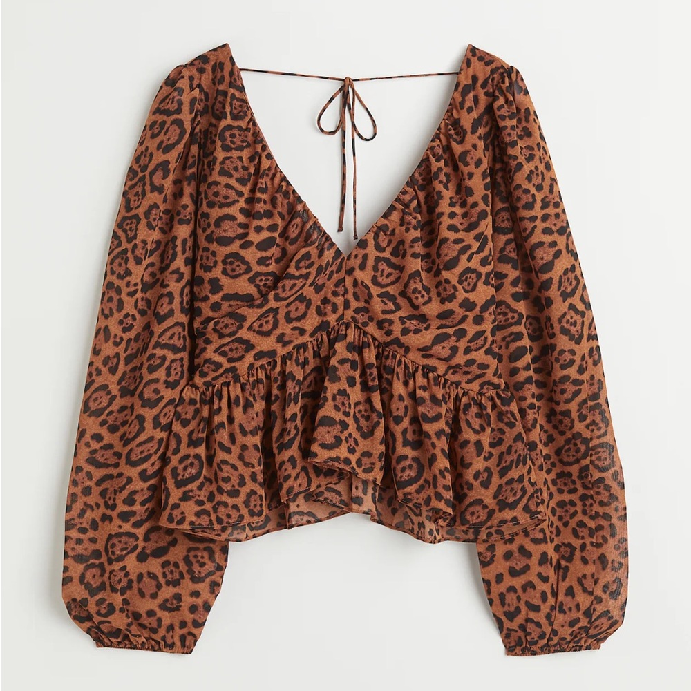 H&M Brown and Black Long Sleeve Plunge V-Neck Blouse with Tie Front